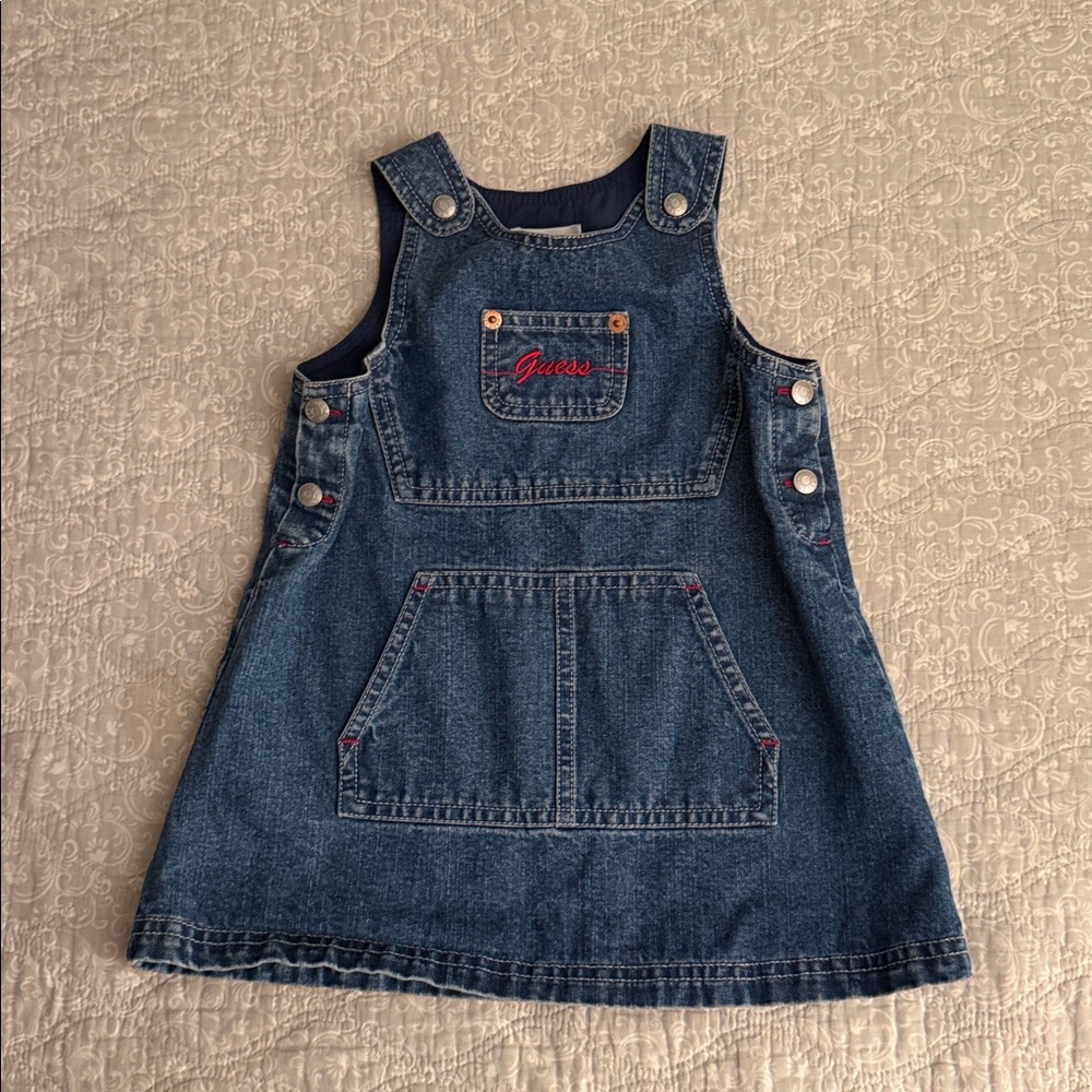 Vintage Baby Guess Denim Jumper Dress with Red Embroidery
